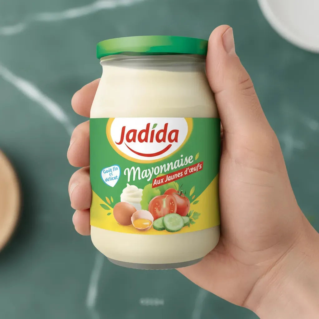 Main tenant un pot de mayonnaise JADIDA aux jaunes d'œufs, texture onctueuse pour une utilisation pratique en cuisine.
